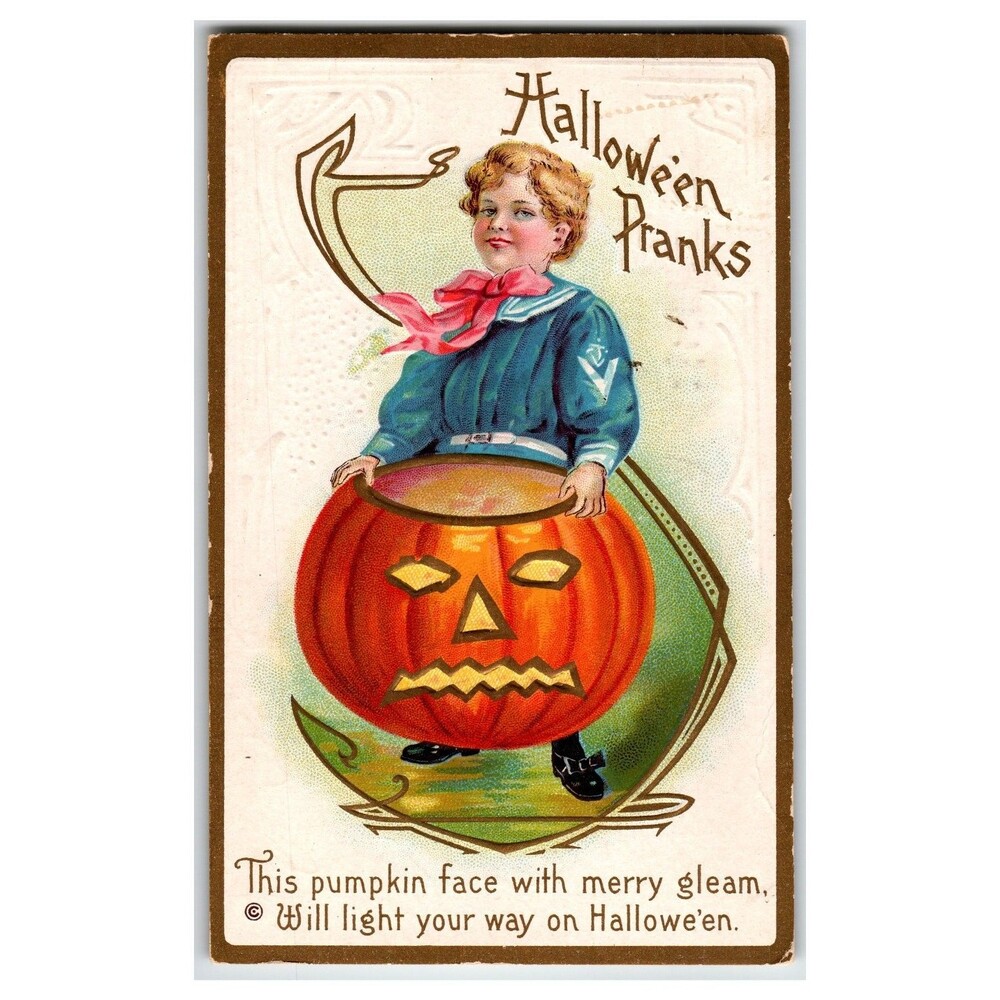 Vintage Halloween Pranks Divided Back Postcard with Pumpkin Costume